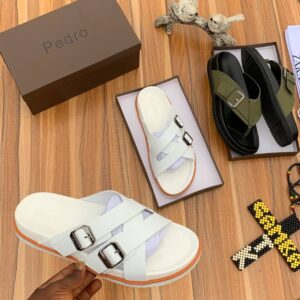 PEDRO Double Buckle Slides with Signature Orange Stripe