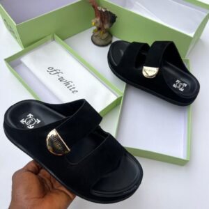 Off-White Black Slide Sandals with Signature Gold Hardware
