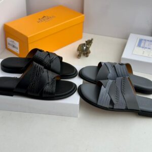 Men's Luxury Leather Slide Sandals - Hermès Style 'H' Cutout Mules