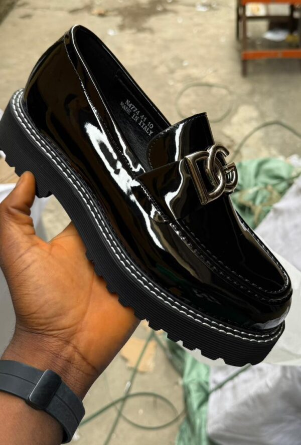 Black Patent Leather Lug Sole Loafers with Metallic Buckle – Luxury Men’s Shoes