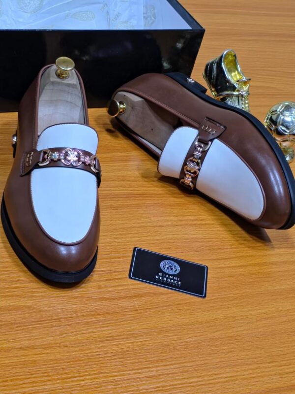 Gianni Versace Brown & White Leather Loafers with Gold Ornament – Luxury Men’s Shoes