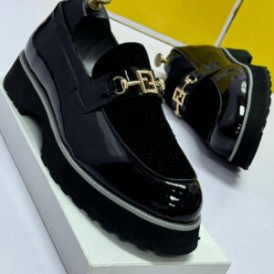 Fendi Roma Patent Leather Loafers with Gold Logo Buckle