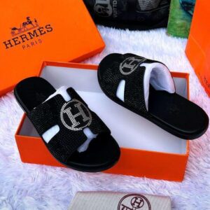 Hermès Paris Rhinestone H Logo Leather Slippers