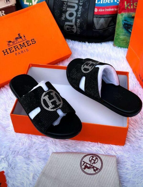 Hermès Paris Rhinestone H Logo Leather Slippers Hermès Paris Rhinestone H Logo Leather Slippers