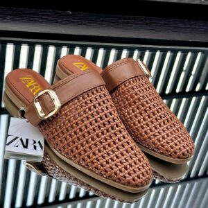 Zara Brown Woven Buckle Slippers