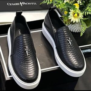 Cesare Paciotti Men's Black Python Textured Leather Slip On Sneakers with Signature Dagger