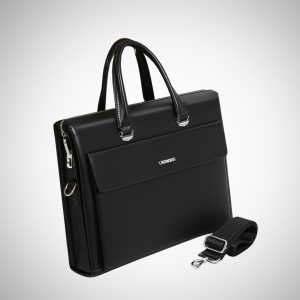 Professional Smooth Black Leather Briefcase with Shoulder Strap