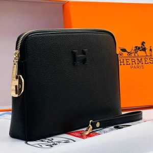 Professional Black Grained Leather Wristlet Clutch for Men