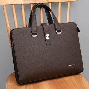 Men's Textured Brown Leather Business Briefcase and Laptop Bag