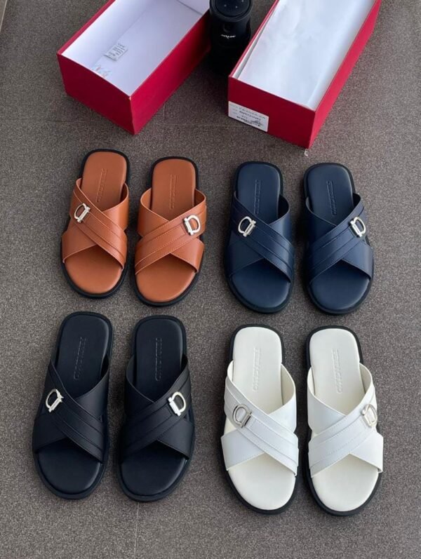 A selection of luxury double strap buckle sandals in various colors, including tan, black, navy blue, and white, displayed on a gray surface with red shoe boxes.