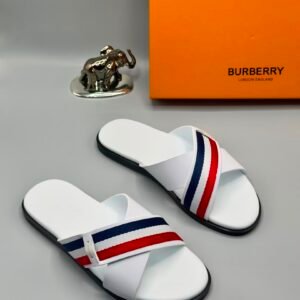 A pair of white slide sandals with red and blue stripes, accompanied by a Burberry box and a silver elephant figurine, showcasing luxury and elegance.