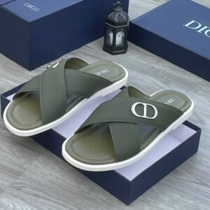 A pair of green Dior slides with white soles and CD logo on a navy blue shoe box.