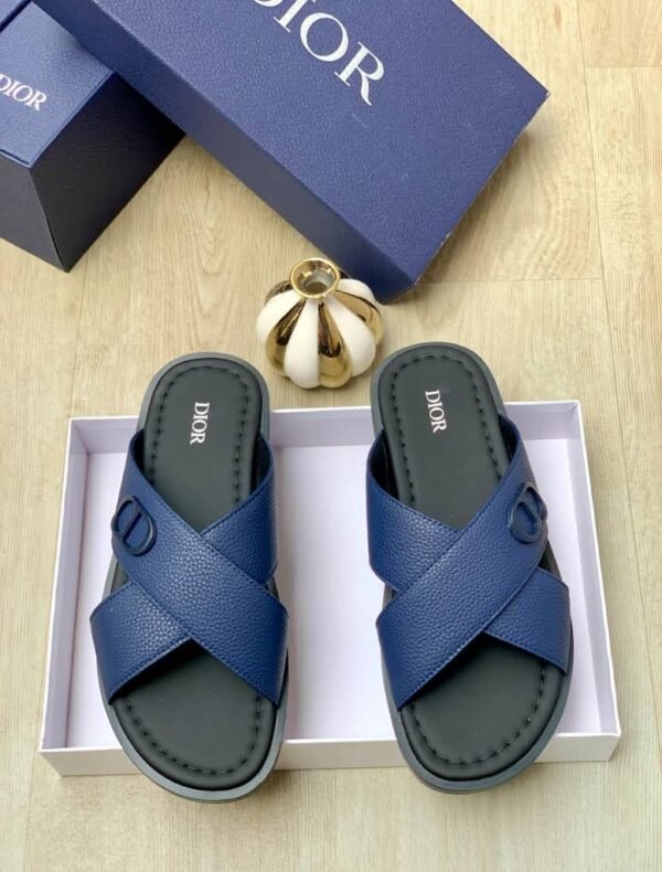 A pair of blue Dior sandals with crisscross straps and gold buckle details, nestled in a white box alongside a navy blue Dior box and a gold decorative item.