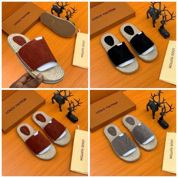 A curated selection of Louis Vuitton slides in rich brown, sleek black, and sophisticated grey hues, artfully arranged with their signature boxes and dust bags.
